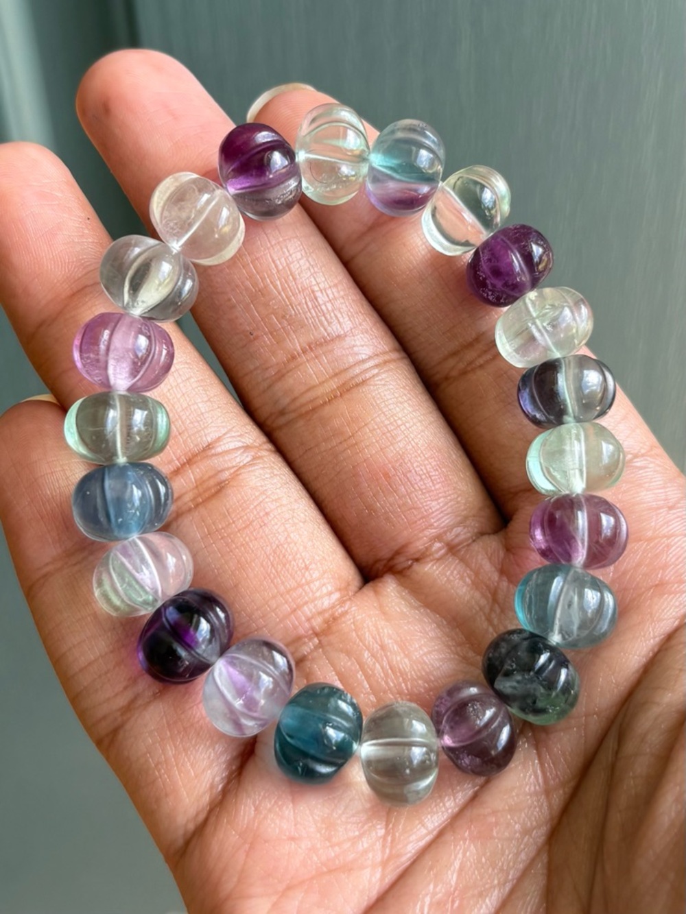 Rainbow Fluorite Pumpkin Crystal Bracelet 12mm